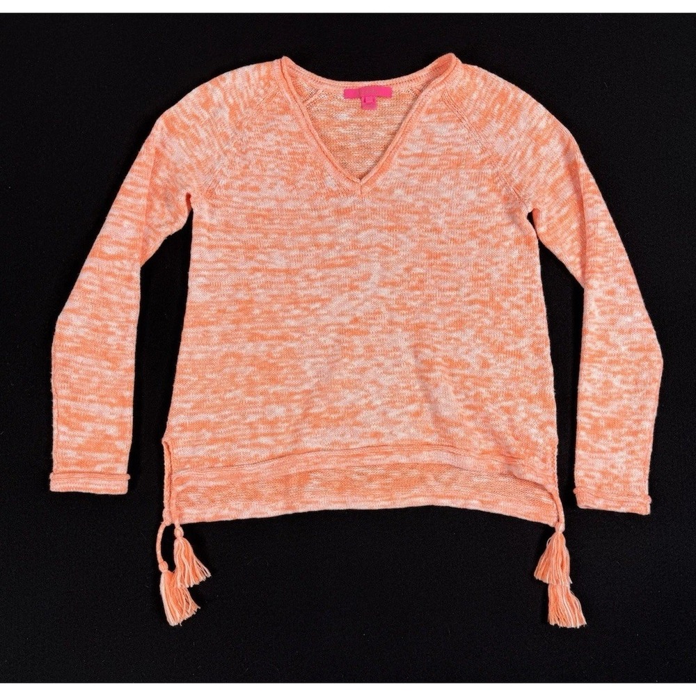 Lilly Pulitzer Jody V-Neck Sweater Split Hem CANTALOUPE MARL Tassels Size S